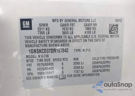 2013 Chevrolet Tahoe Ltz из США, поврежденный, VIN 1GNSKCE07DR187842